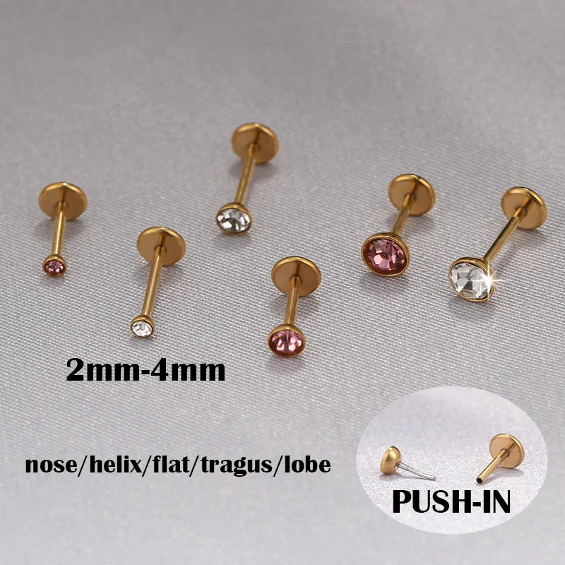 1pc 20g Push-in nosové cvočky Helix Tragus plochý ušný lalok náušnice 18 K Zlatená chirurgická oceľ proti alergickým židovským dievčatám