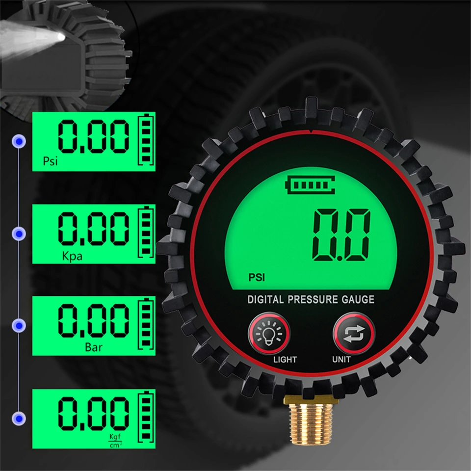1pc 3-255psi Digitálny plynový tlakomer presnosť 1% s M11 1/4 1/8NPT skrutkovacím závitom konektora GUMBER PRE PREVÁDZKA pre nákladné auto