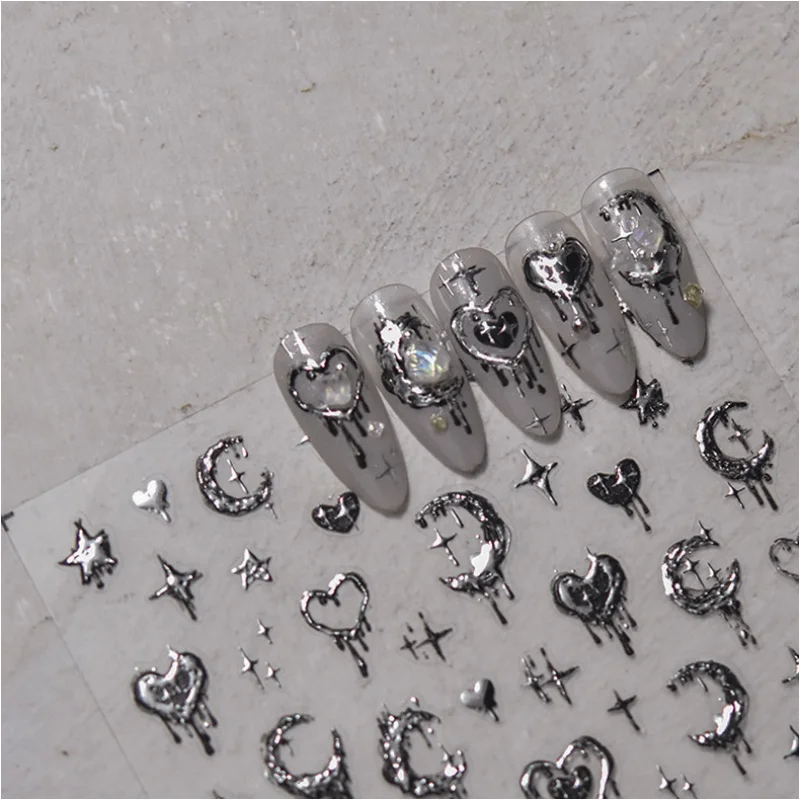 1pc 5D realistická reliéfová pečiatka strieborné rozpustené srdiečko Moon Stars Balón anjel Love Adhesive na nechty nálepky na nálepky manikúru kúzlo