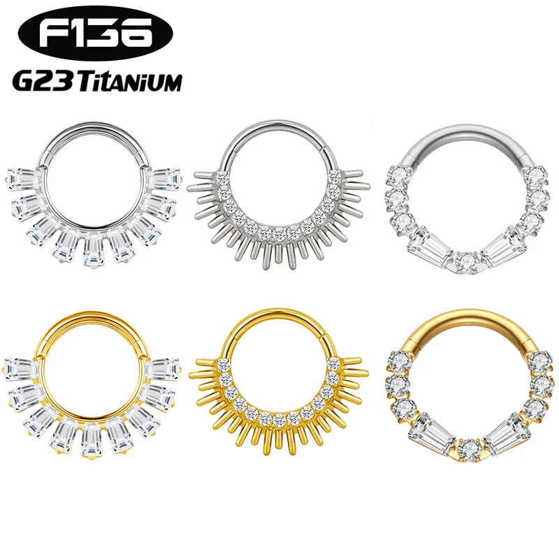 1PC ASTM F136 G23 Titanium 16G nose prstene Septum Hinged Segment CZ Helix Chrup