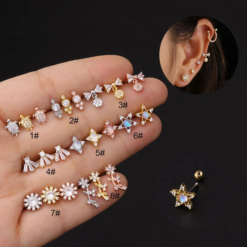 1PC Barbell Titanium Oceľ Chrupav Chrupav náušnice korytnaté hviezdy kvetinové špirála Tragus Rook Conch Screp Piercing Piercing Jewelry Accessories