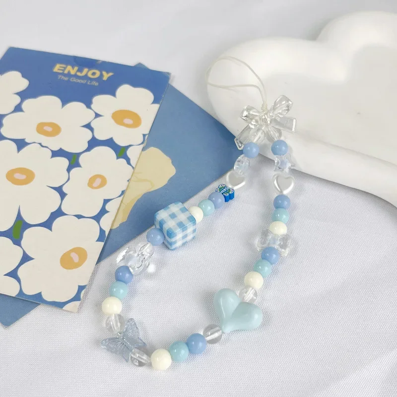 1PC Blue Lovely Ins Small Fresh Crystal Lanyard Lanyard Príležitostné roztomilé dievča CCD Bag Key Retial Rain DIY DECOND DECONDANT