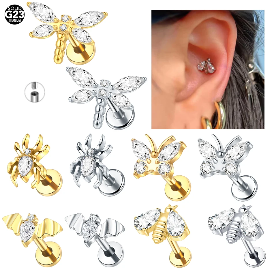 1PC Butterfly Bee Labret Piercings Cluster Crystal Tragus náušnice plochá chrupavka Helix Stud náušnice zirkón piercing šperky