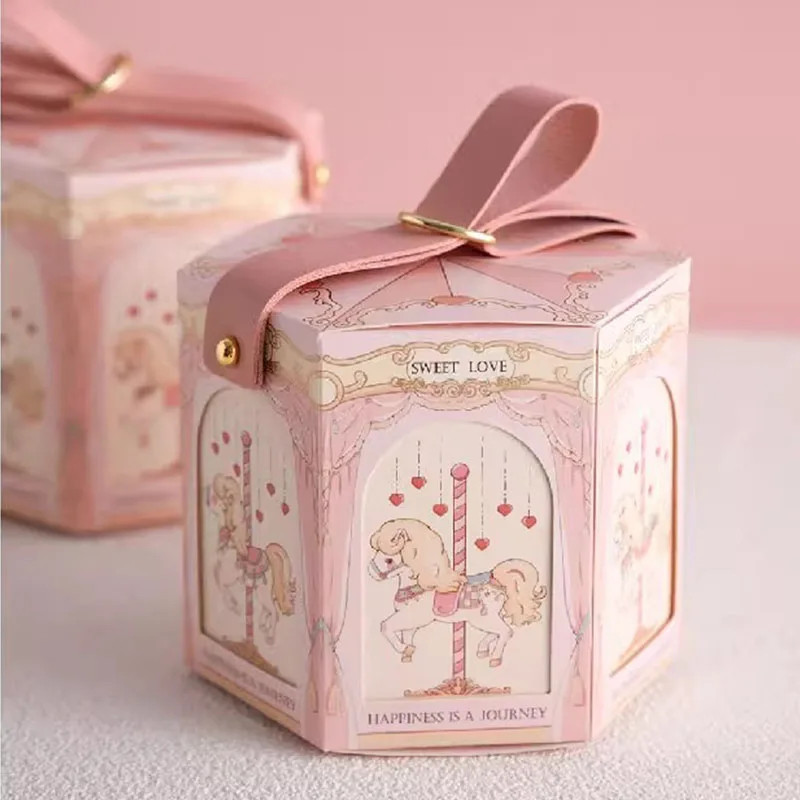 1PC bábätko Hexagon kožená rukoväť Darčeková taška Candy Box Svadba narodeniny modrá ružová cukrová balenie Party