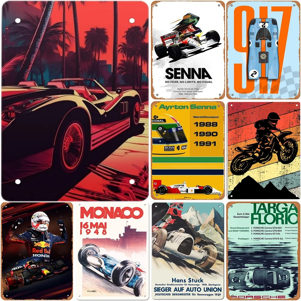 1PC Cars Racing Metal Hliníkové značky Vintage Senna Mille Miglia Le Mans Auto Wall Art Plagáty pre Man Cave Bars Clubs Decoration