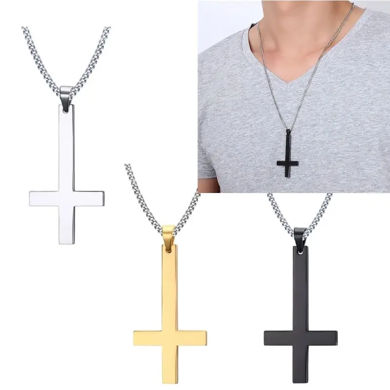 1pc Dainty z nehrdzavejúcej ocele hore nohami Krížový náhrdelník pre mužov Invertovaný krížový prívesok s reťazovým módnym šperkom 3 farby