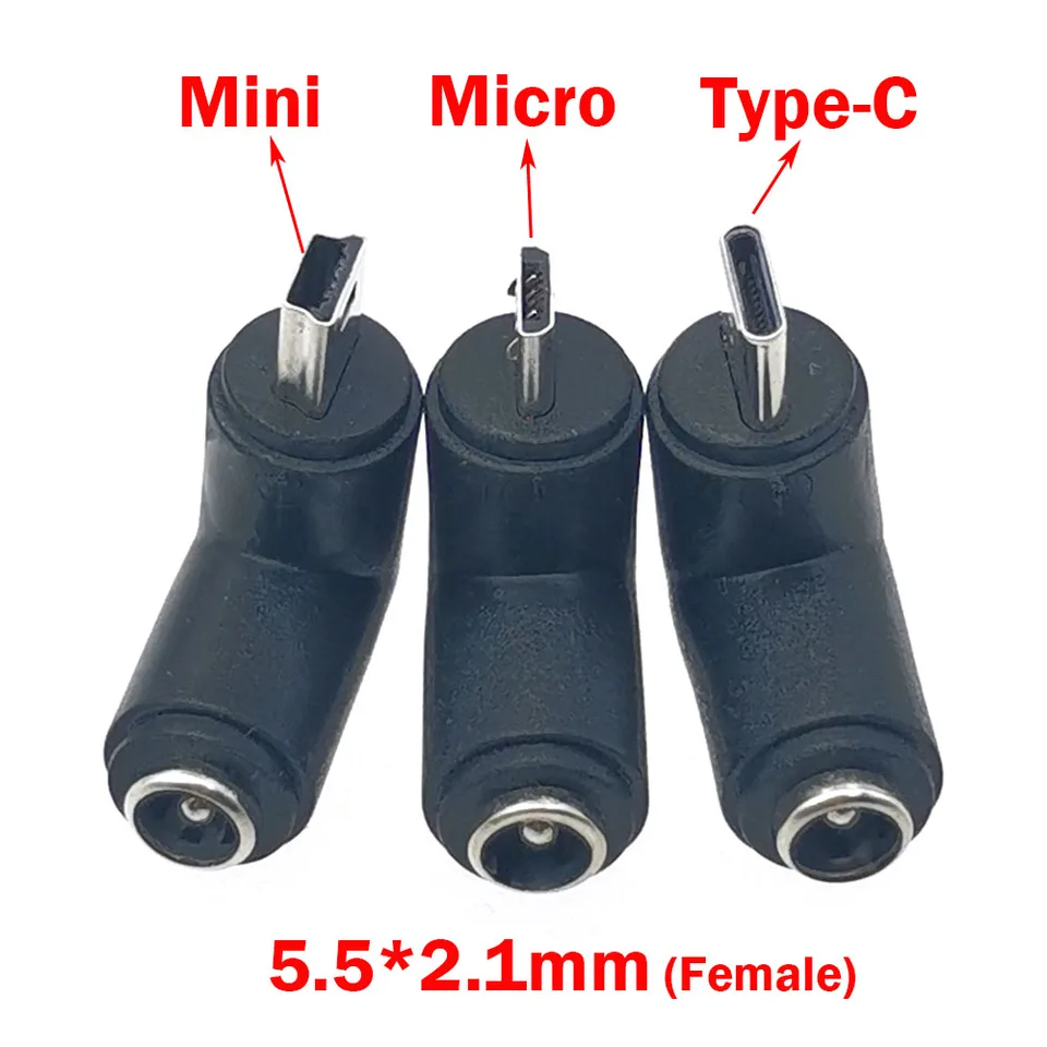 1pc DC 5V 5,5 x 2,1 mm ženský konektor do typu C Micro Mini USB mužská zástrčka 90 stupňov DC