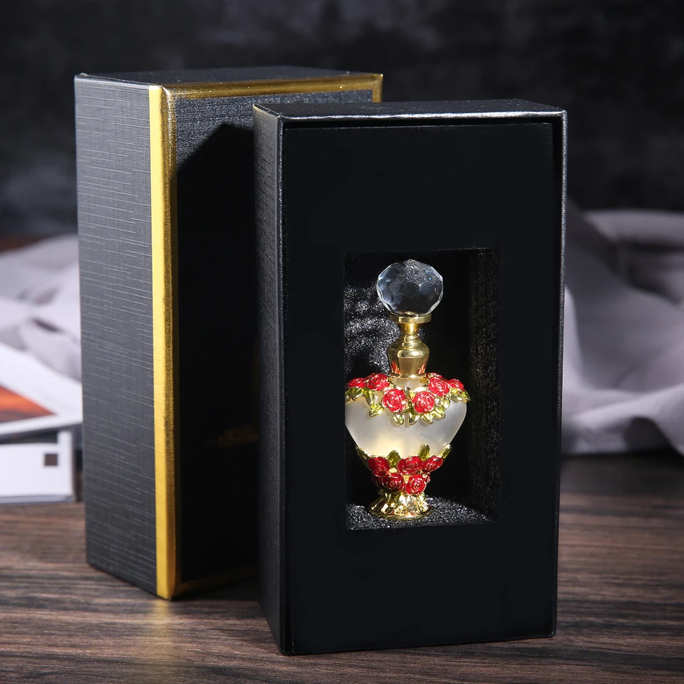 1pc dekor prázdna sklenená fľaša s darčekovou skrinkou kvetinová ruža dekor maľovaná kvetinová tvar srdca diamant čiapka zlatá a červená 5 ml parfumová nádoba