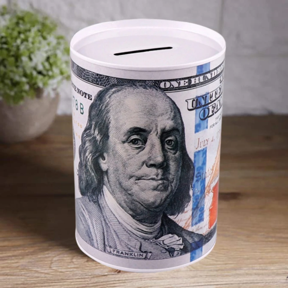 1PC Euro Dollar Print Metal Piggy Bank Saving Case Box Piggy Bank Banks pre puzdro skladovacie skrinky Domáca dekorácia