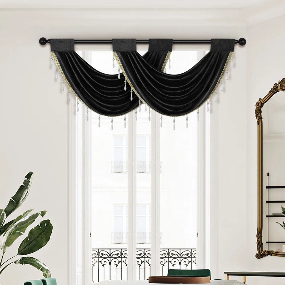 1PC Európsky luxusný štýl duté okenné závesy Válení pre obývaciu izbu ， vrecko na tyč ， Morden Valance s korálkami Edge Dow Decor Decor