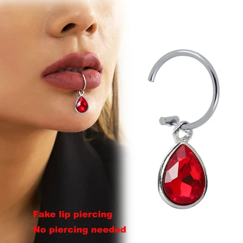 1pc falošné piercingové klip pery osobnosť osobnosť vo vode Crystal Cross Pendant z nehrdzavejúcej ocele Falošný septum piercing labret prsteň