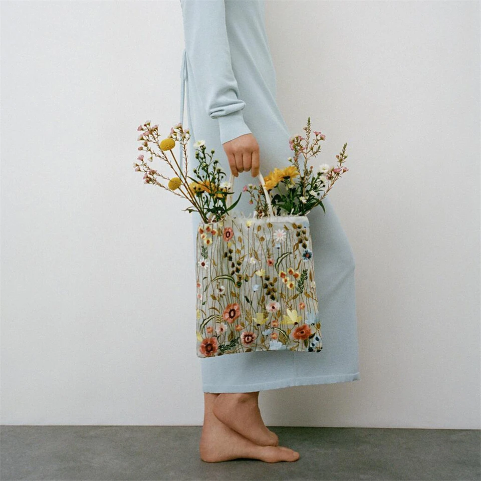 1PC Fashion Tote Summer Nový štýl sieť Plné výšivky kvety číry ramenný taška Romantická kabelka Dámska ekologická nákupná taška 2023