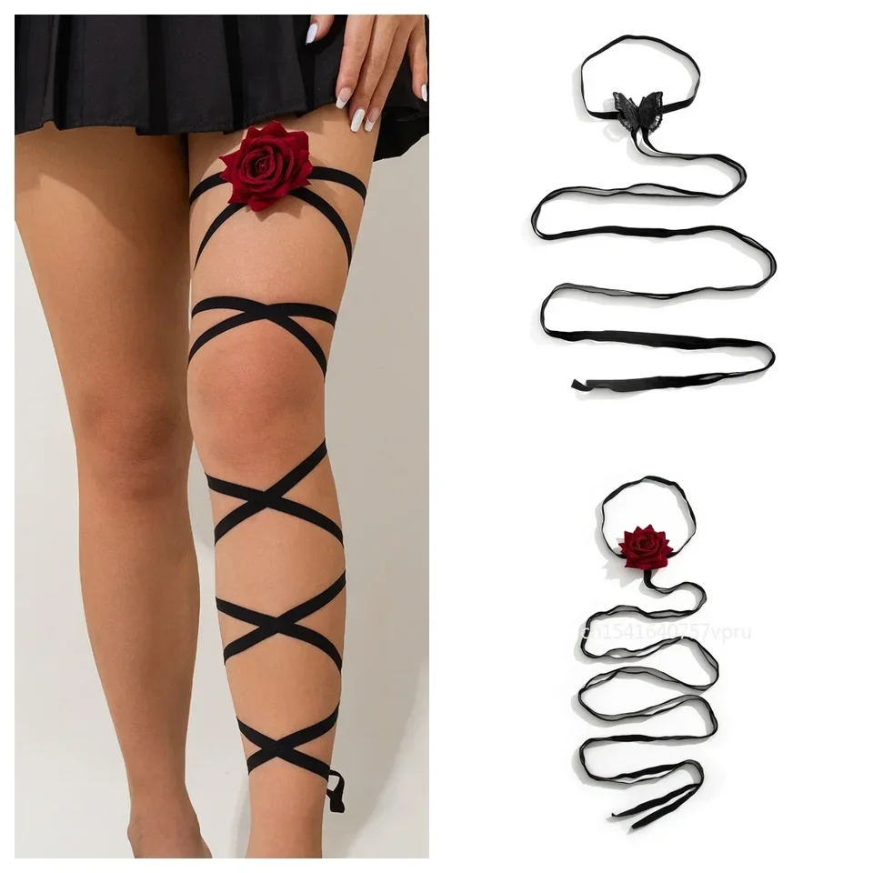 1pc gotická viacvrstvová čierna elastická pružná kapela stehenový reťazec Ženy Sexy ružový motýľ postroj Cosplay harajuku tela šperky