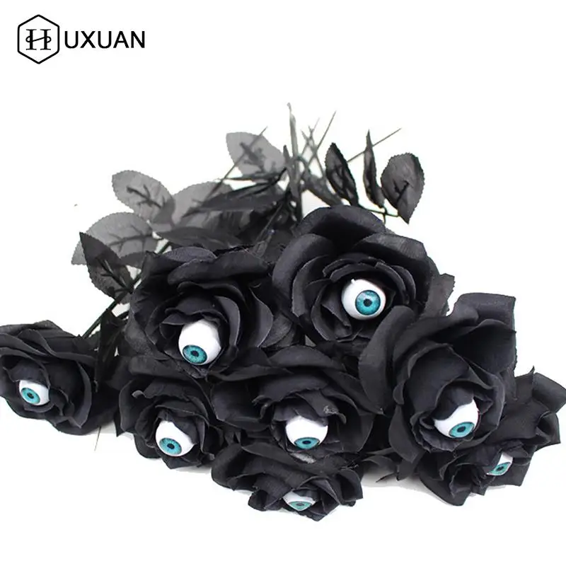 1pc gotická čierna ruža Umelecká kvetina s očami hlava kytica Domov Halloween Dekorácie Horor falošné ružové kvety