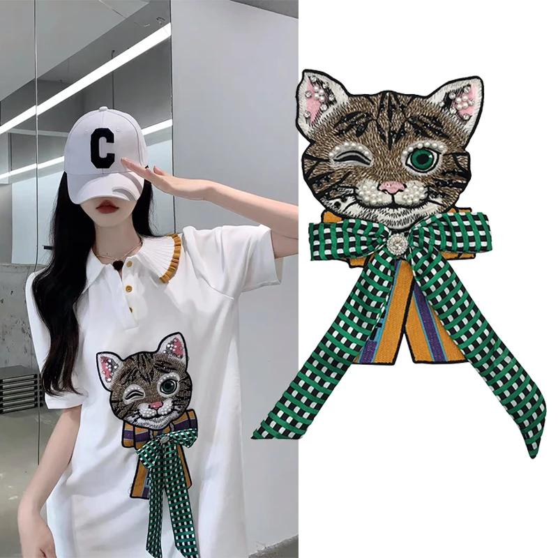 1PC Green Bow Cat Patch for Clothing Jacket Accesorios Bordado výšivka broderie parche para la ropa 27*17 cm