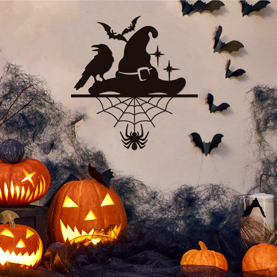 1PC Halloween čarodejnícka klobúk kovová stena zavesenie dekorácie, pavučina Web Bat Crow Sign Iron Art, Halloween Day of the Dead Home Party Decor Decor