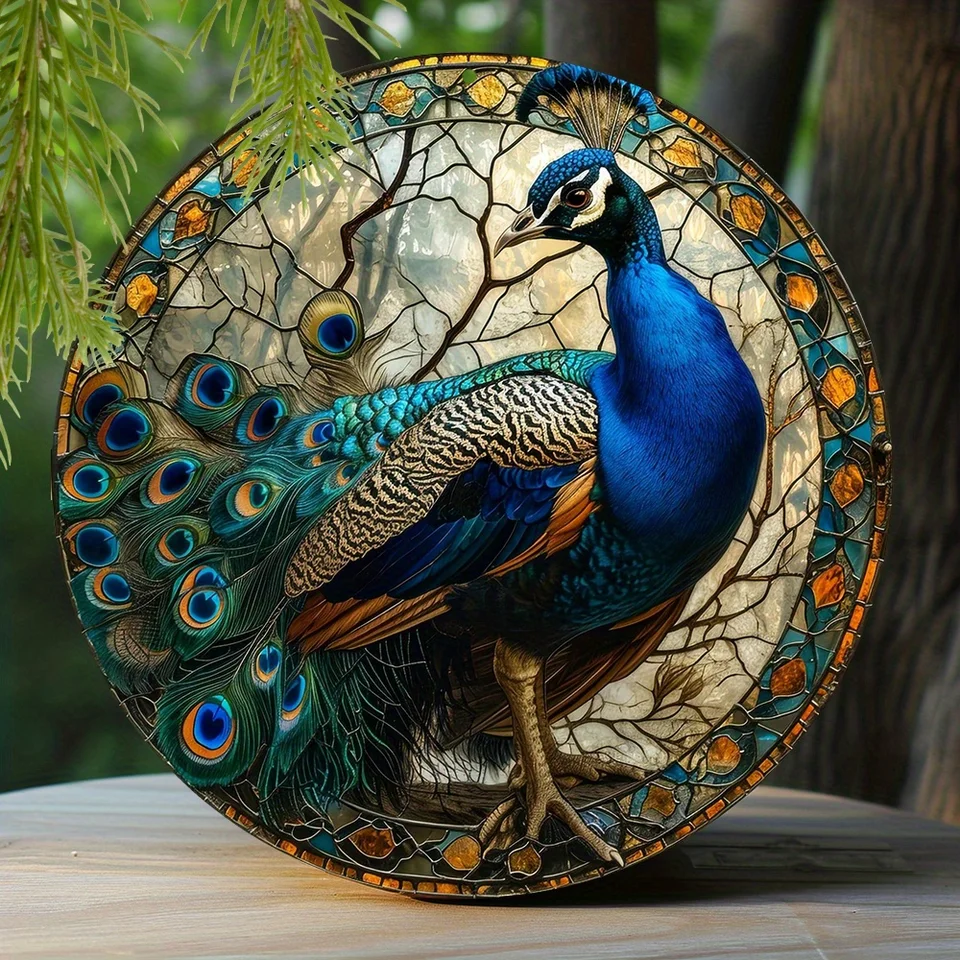 1pc jarný hliníkový kovový znak Peacock téma dekorácia Faux faufinované sklo okrúhle okrúhle vence podpis kuchyňa dekorácie darčeky