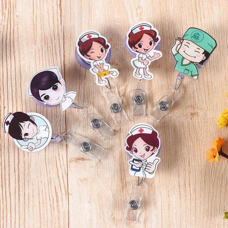 1pc karikatúra Doctor Doctor Nurse Badge navijak navíjateľný klip id pre pracovné povolenie Pass Pass Pracovná práca menom Card Držiteľ držiaka navijak Clips