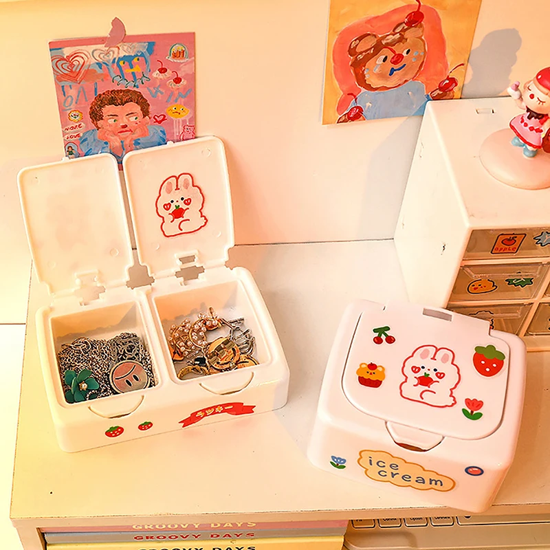 1PC Kawaii Cartoon Desk Organizátor Box Button Cosmetics Storage Box s vekom mini šperkov organizátor kozmetický make -up kontajner
