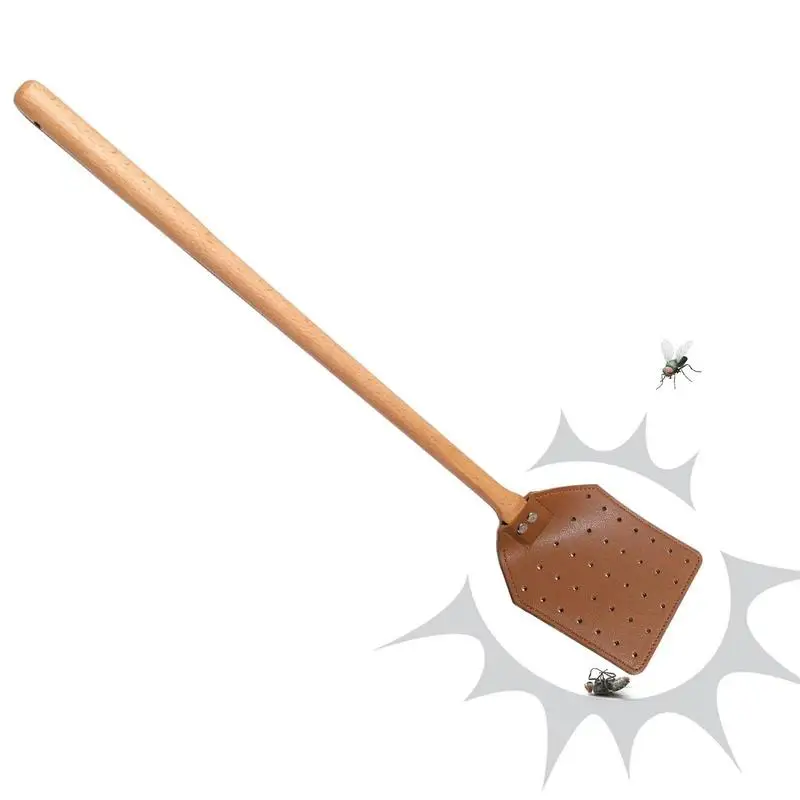 1pc kožené mušky Swatter s dlhým dreveným rukoväťou pevné trvanlivé prelety pre vnútorné a vonkajšie škodcov ovládajú rustikálny swatter