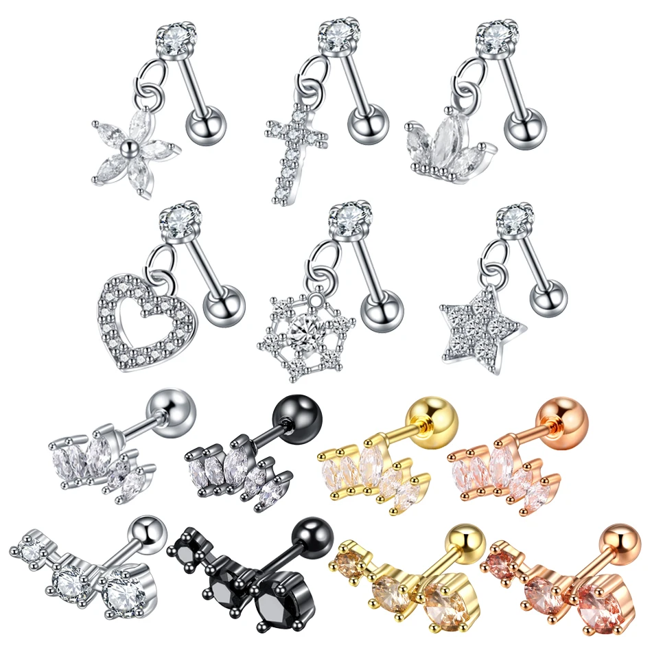 1PC krížový uší tragus piercing náušnice Stud Barbell Crystal chrup