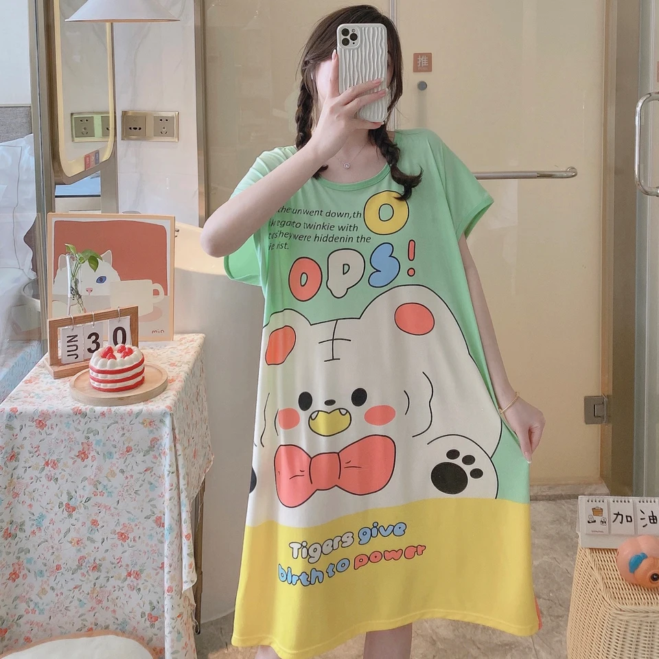 1pc, letné a jesenné cool roztomilé dievčatá karikatúra nočná župy, pohodlné šaty s krátkym rukávom, dámske domáce oblečenie, polyester pyžama