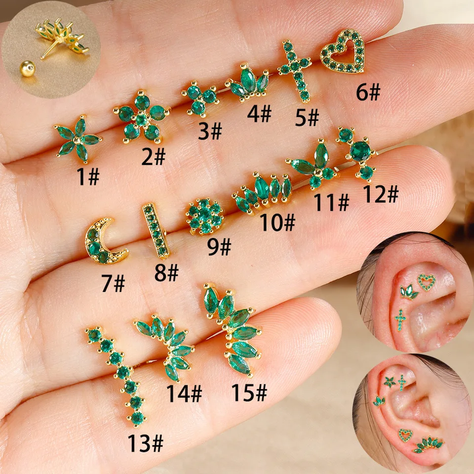 1PC Malý vynikajúci z nehrdzavejúcej ocele Ear Stud Piercing Náušnice pre ženy Zelený zirkón Zriedkavo Mesiac Eye Crown Jewelry Girl Darček