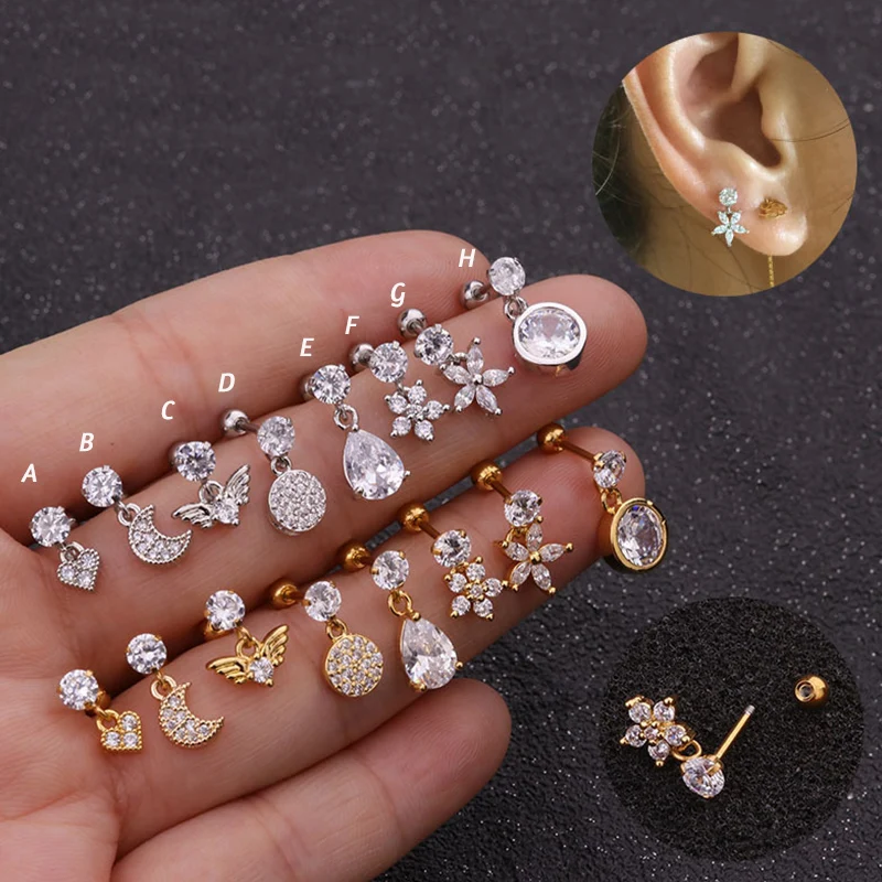 1PC Nerezová oceľ činka s Cz srdcom Moon Wing Waterdrop Waterdrop Dangle Tragus uši piercing chrupavka špirála náušnice