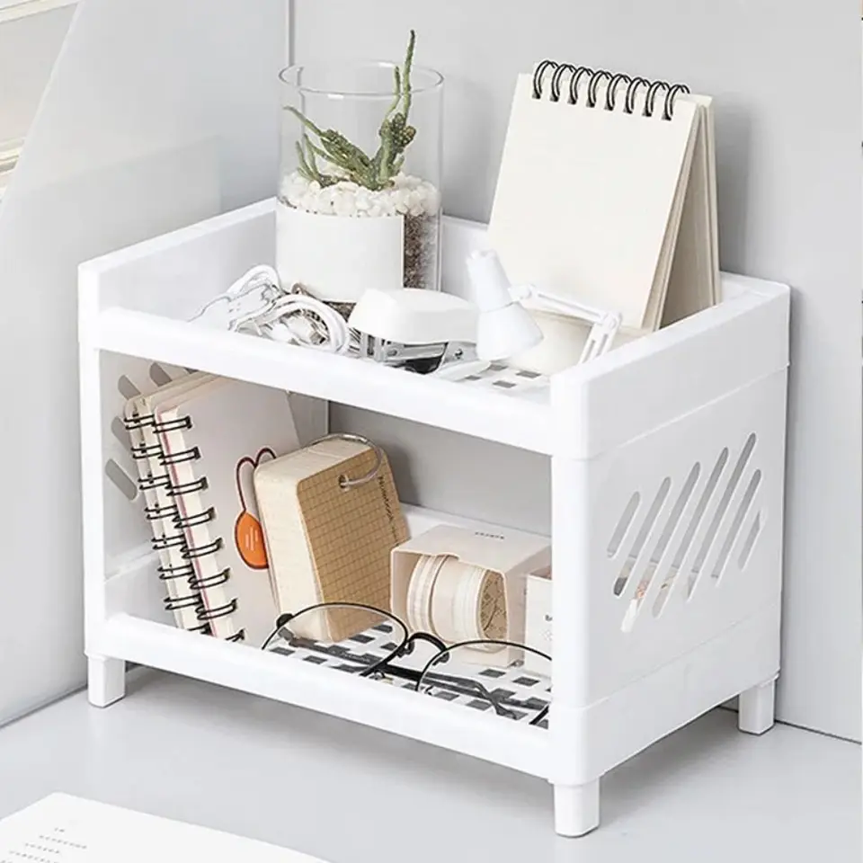 1PC PP Desktop Dvojvrstvový skladovací stojan na obdĺžnikový biely organizácia Student Desk Office Cosmetics Stationsery