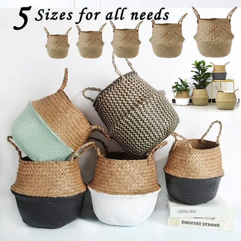 1PC Prírodná slama tkanie kvetináča kvetináča Ručne vyrábaná ručne tkaná vonkajšia záhrada Flowerpot Dirty Basket Domov Storage Basket