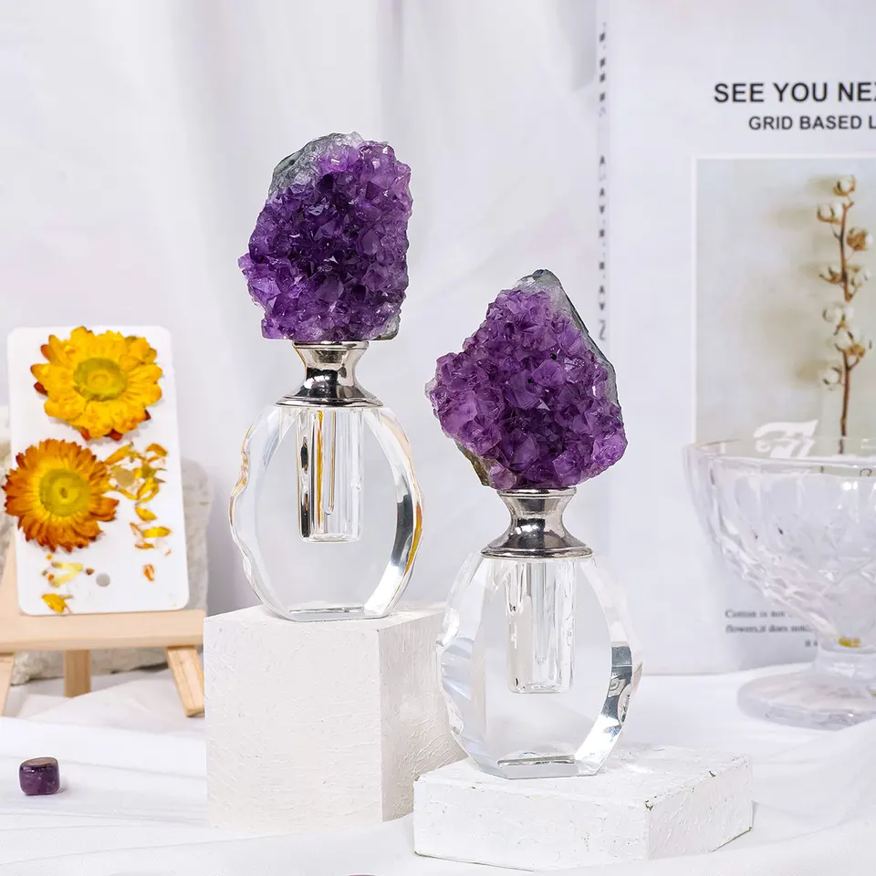1pc prírodný ametyst klaster aromaterapie éterický olej fľaša dekorácia kvapkadla parfumy sub fľašky Crystal Crafts