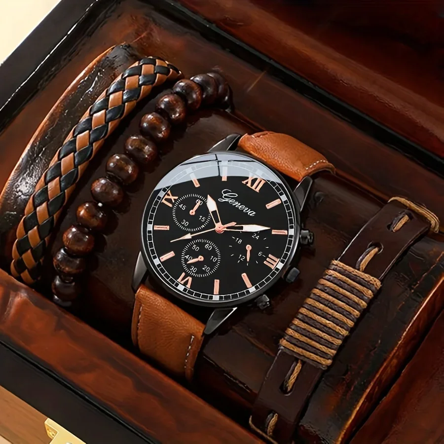 1PC Pánske Quartz Watch & 3ks náramky, sada hodiniek pre mužov, ideálna voľba pre darčeky