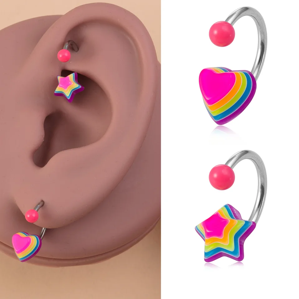 1PC Rainbow Heart Star Chrupav Tragus Daith Helix Conch Piercing Ring náušnice Akrylové pery prstenky telové šperky 16G