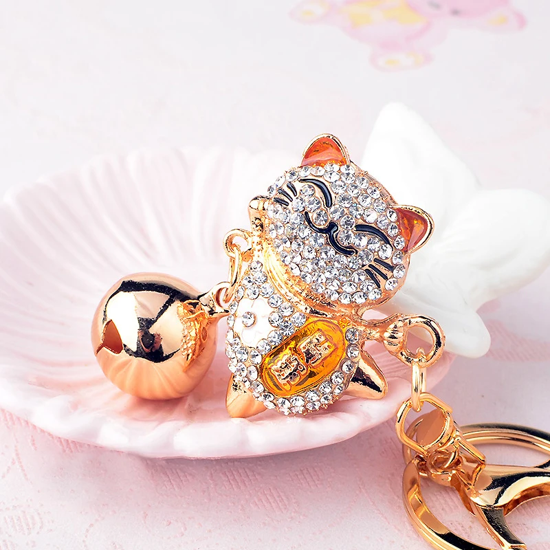 1PC roztomilé krištáľové autá Keychain Ženy Zliatina Big Bell Shinestone Lucky Cat Cat Key retiazka Dievča