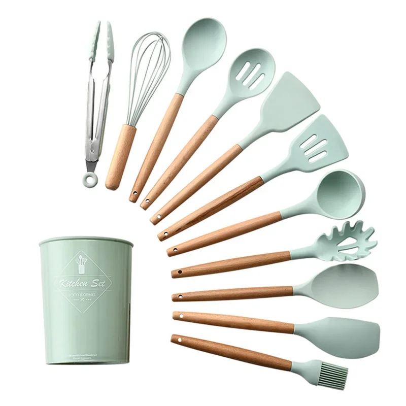 1PC Silikone Wood Turner Spion Spoon Spachtula Scret Scraper Pasta Server Server Egg Kitchen Kuchynské kuchynské náradie Kuchynský riad zelený/ružový