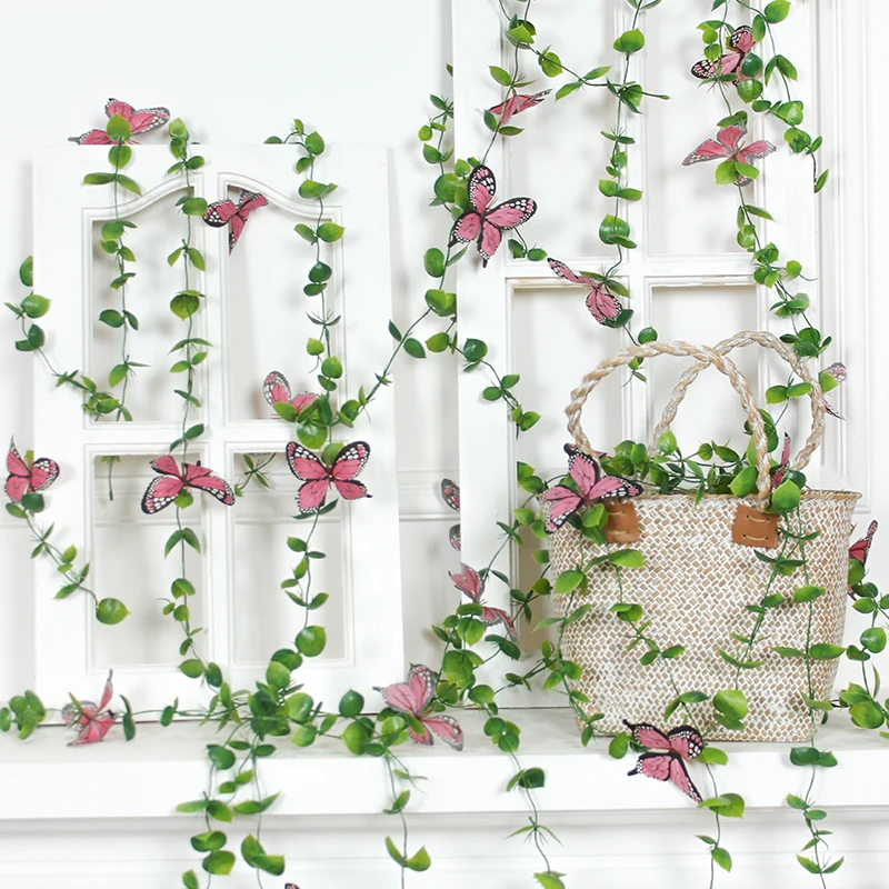1PC Simulation Butterfly Green Vine, jar a letný dovolenkový dom, svadba, párty a vonkajšia dekorácia visiaci vinič