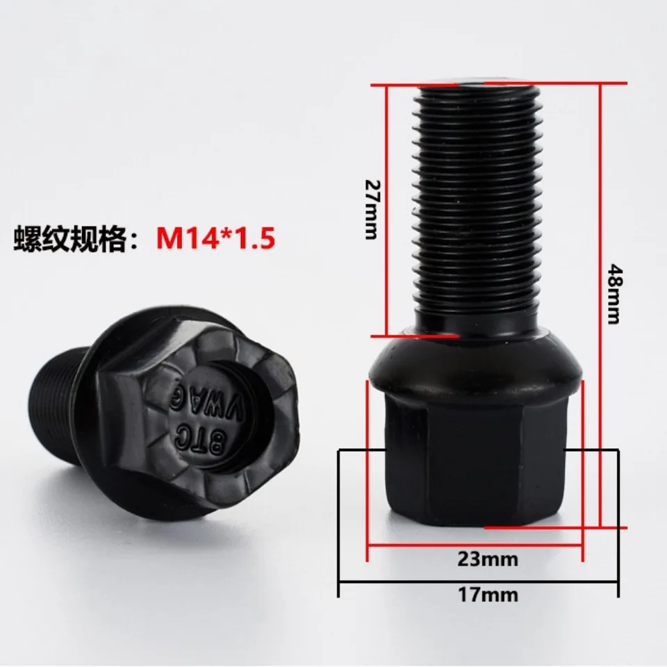 1pc skrutky kolies pre modely auta Audi VW Bestune Modely M14x1.5 | Hex 17 mm | Dĺžka 48 mm | Dĺžka závitu 27 mm | Sedadlo lopty