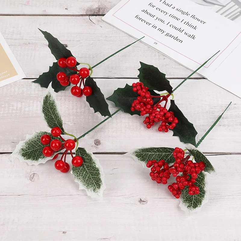 1pc umelé vianočné červené bobule vetva Snowflake Pine ihly Pine Kužeľ pre Vianoce pre domácich majstrov