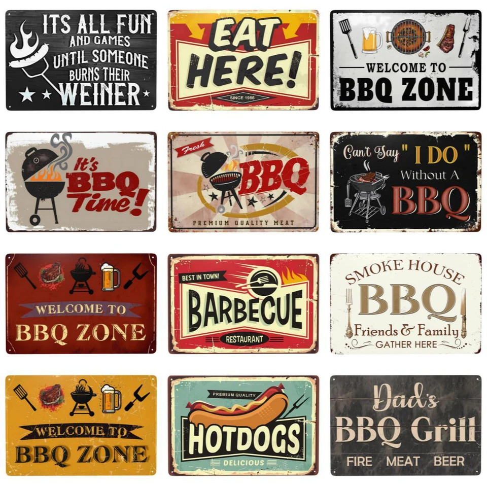 1pc, vintage kovové značky BBQ grilovanie grilovania značka Vitajte v zóne BBQ Znak grilovanie zónu podpis grilovanie steny dekor 8x12 palca