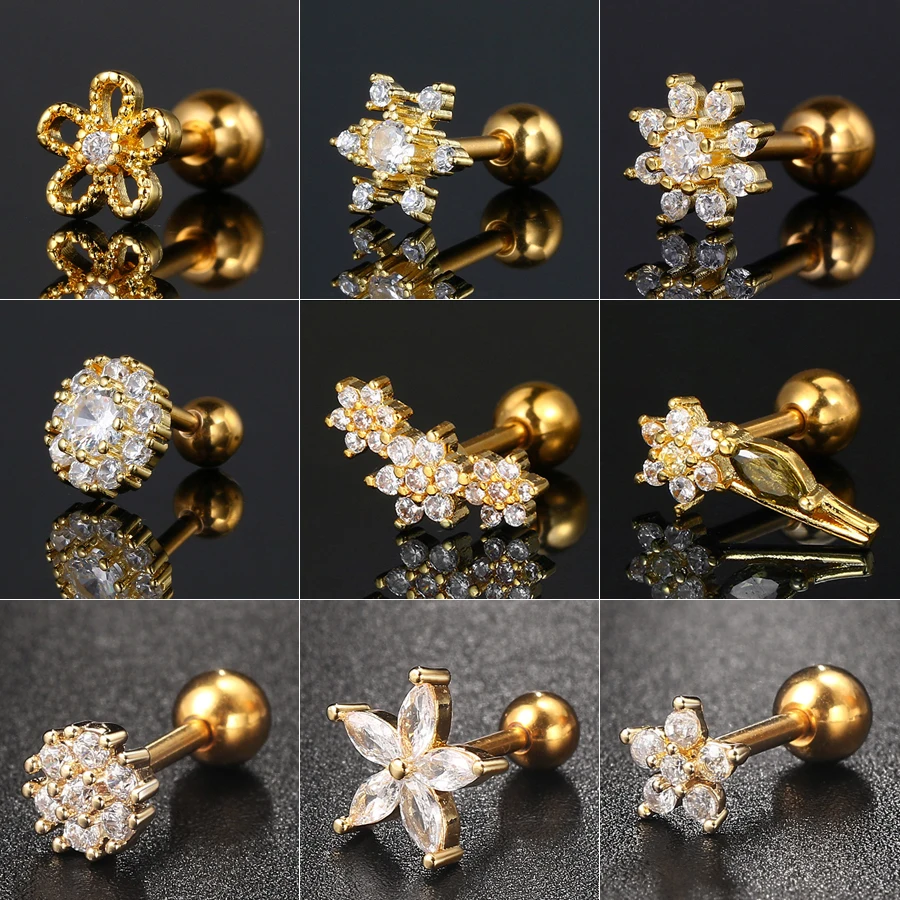 1pc y2k zirkónové kvetinové uši chrupavka Piercing Lobe Stud pre ženy Helix Daith Tragus prepichnuté doplnky Chic Šperky