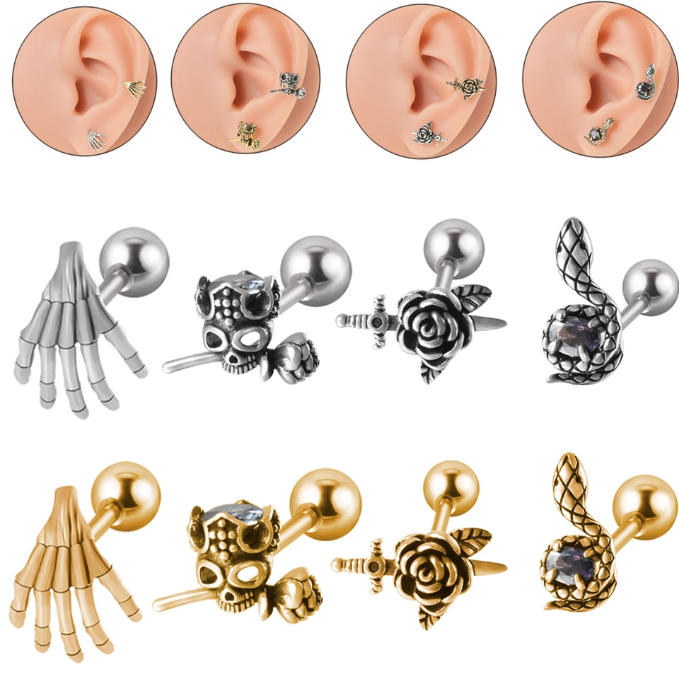 1pc z nehrdzavejúcej ocele punk lebky ruky ruží hadí ruže v meč Lobe náušnice Ear Tragus špirála chrupavka Daith