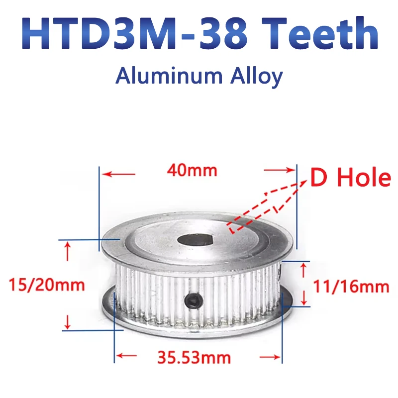 1pcs 38 zubov D otvor Htd3m Časová kladka Hliník Hliník Synchrónne koleso pre šírku pásu 10/15 mm otvor 5x4.5/6x5.5/8x7.5/10x9/12x11mm