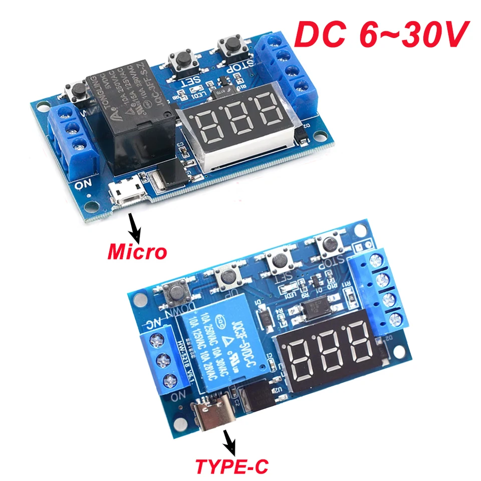 1pcs DC 6-30V Timer Relay Relé programovateľné oneskorenie relé Modul Časovač cyklu s LED displejom Typ-C / Micro USB relé 6v 9v 12v 24V