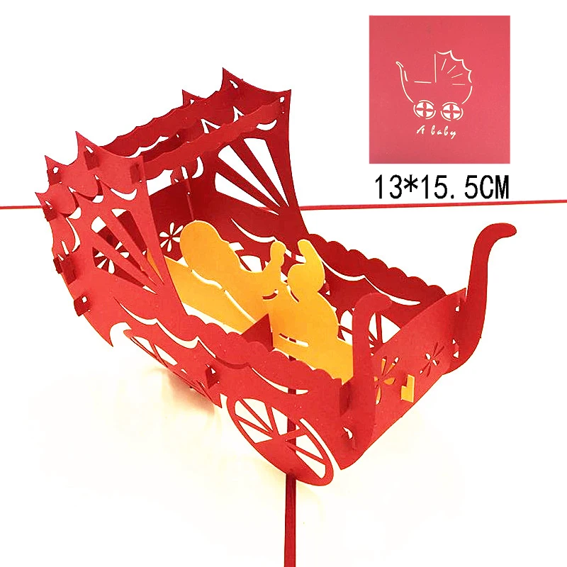 1pcs laser cut baby kočík 3D pop -up pohľadnice s obálkou pozvánky