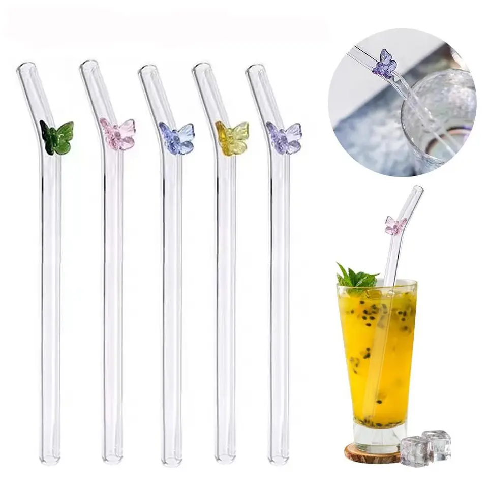 1pcs motýľové sklenené slamky číry priamy ohyb pitie Slamky Bar
