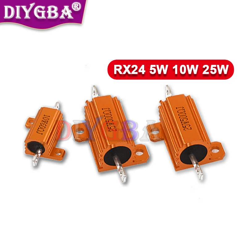 1PCS RX24 5W 10W 25 W hliníkový kovový kovový puzdro Drôtový rezistor 1 2 3 5 6 8 10 20 100 150 1K 10k OHM 0,01R ~ 30k
