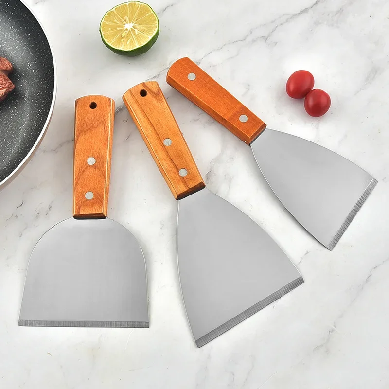 1pcs z nehrdzavejúcej ocele Steak vyprážaný lopata špachtle pizza uchopenie Cutters rýľ pečivo bbq náradie drevené rukoväť kuchynské náčinie