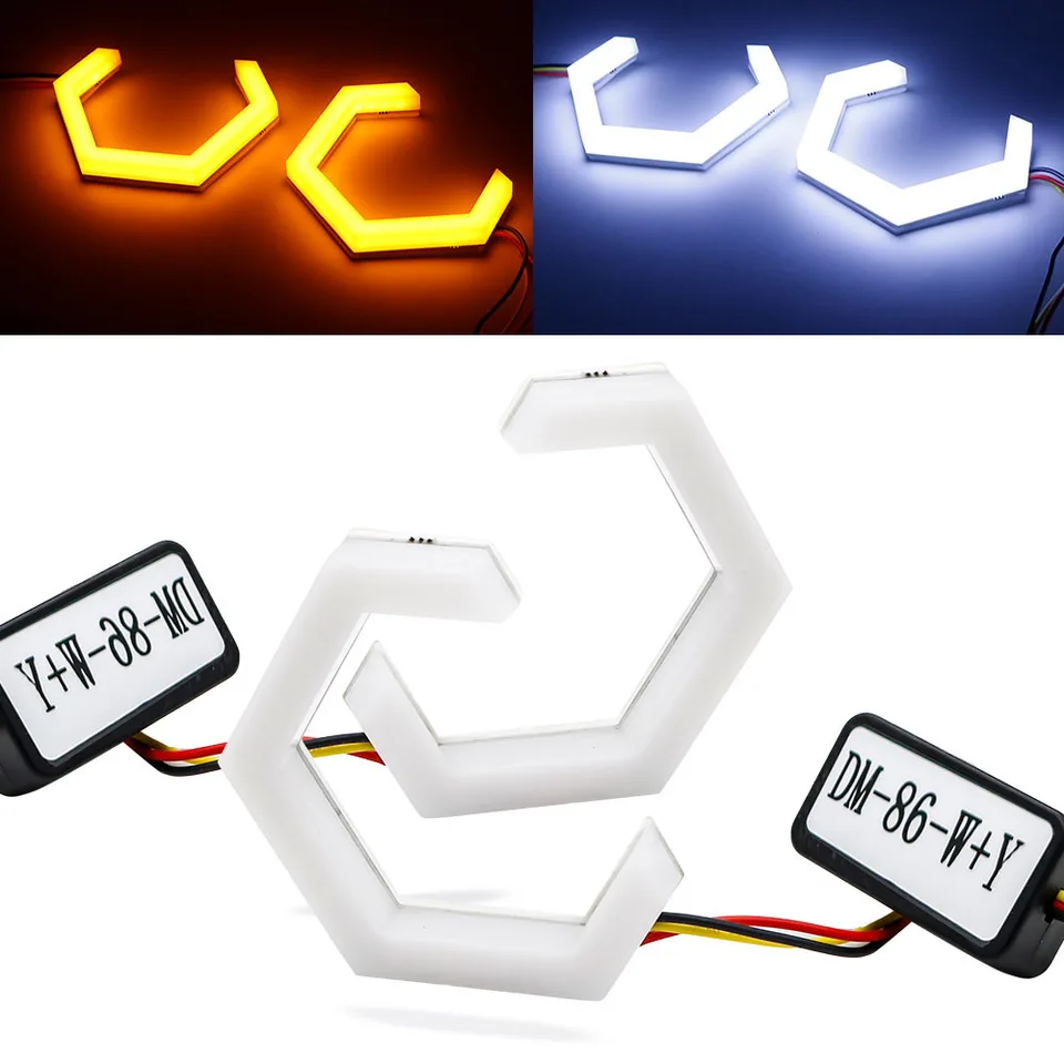 1set 9-30V Hexagon Angel Eyes Halo Rings Rings Dodatočné svetlomet Svetlej motocykla Spínacia chatka Biela DRL+Amber Turn Signal Light