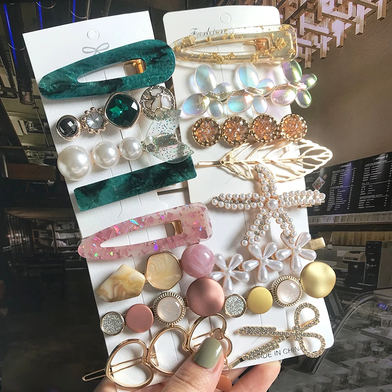 1set akrylové perlové klipy pre ženy pre ženy Kórejské geometrické rybie vlasy barettes pin girl módne vlasové doplnky Hairgrips