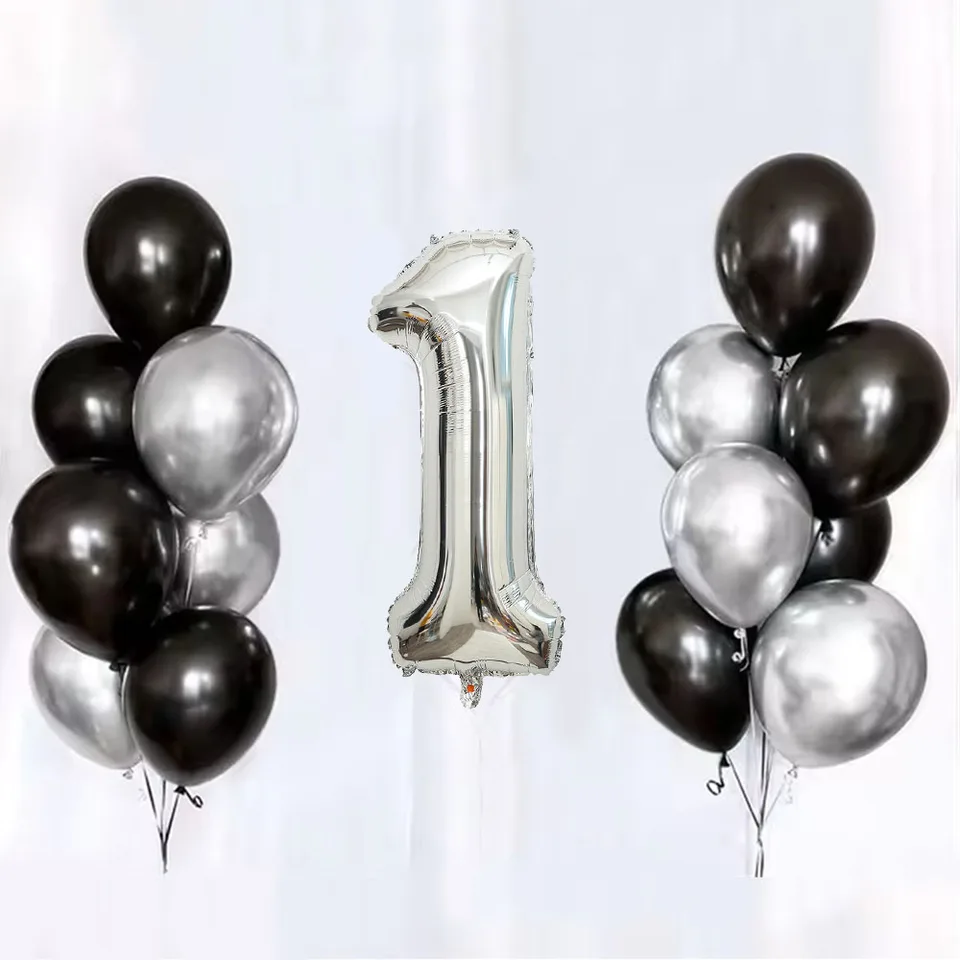 1set Black Silver Latex Balon Set Happy Birthday Party Ozduku s číslom 18 Ballon Foil Tass pre chlapcov 18. narodeninová oslava